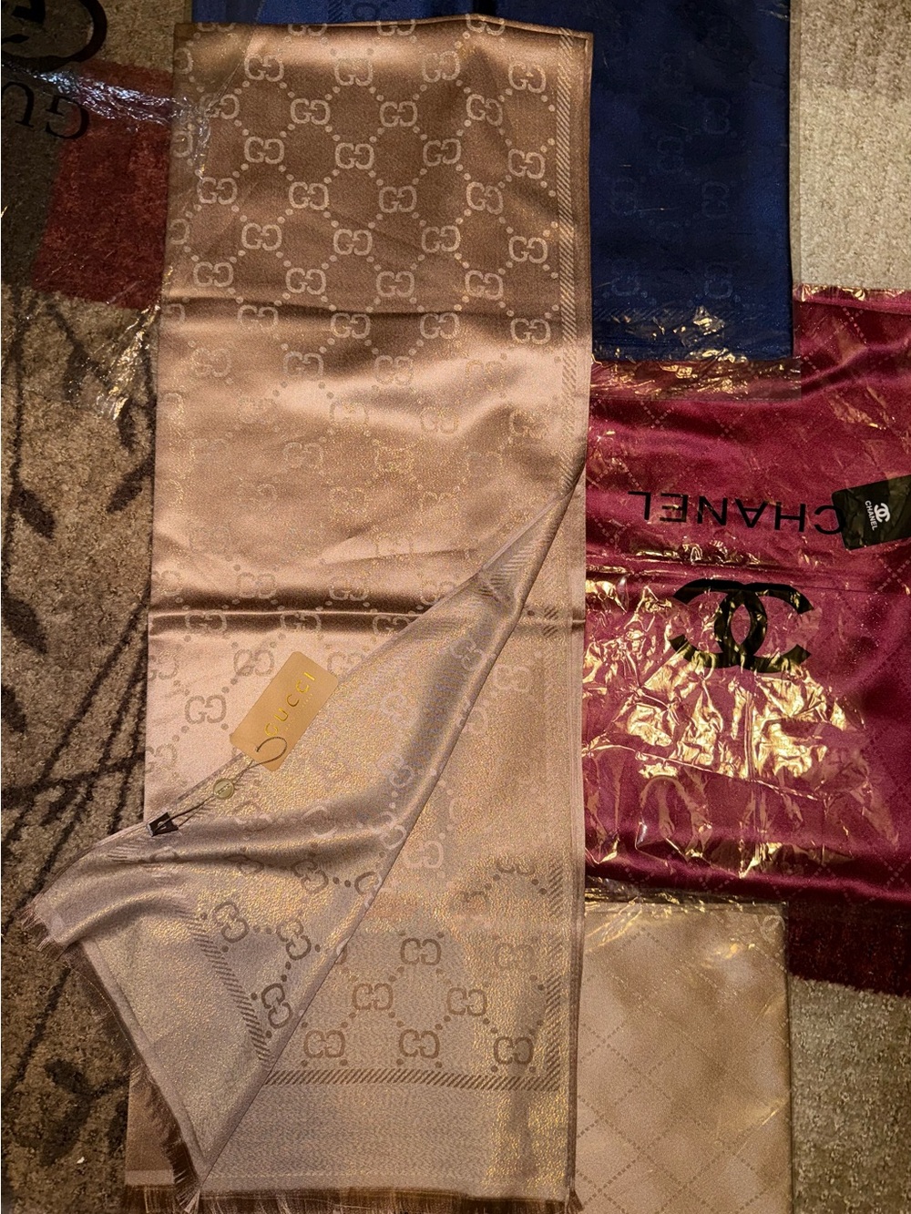 Tan/Tan w/ Gold Tint Reversible Soie Silk Fashion Scarf/Wrap- NWT